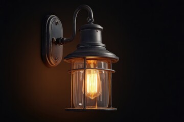 Dark background showcases a vintage-style wall-mounted lantern with a caged Edison bulb emitting a warm glow