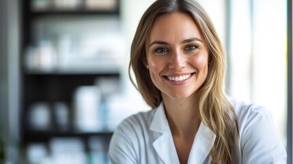 Obraz premium A young woman with long blonde hair smiling in a white lab coat, standing in a laboratory with a blurred background.