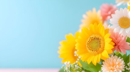 Obraz premium Colorful flowers bouquet, pastel background, summer, design, greeting card