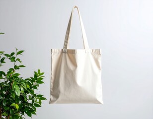 Hanging CreamColored Tote Bag with Green Plant Against a White Wall Backdrop