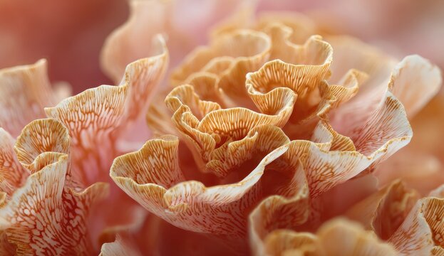 Close-up of delicate, ruffled peach and cream-colored flower petals, exhibiting intricate textural details and soft lighting - Powered by Adobe