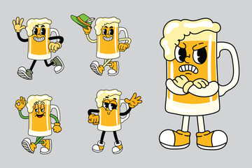 Cartoon cute beer mug Oktoberfest characters with expressive faces and poses in retro vintage comic style