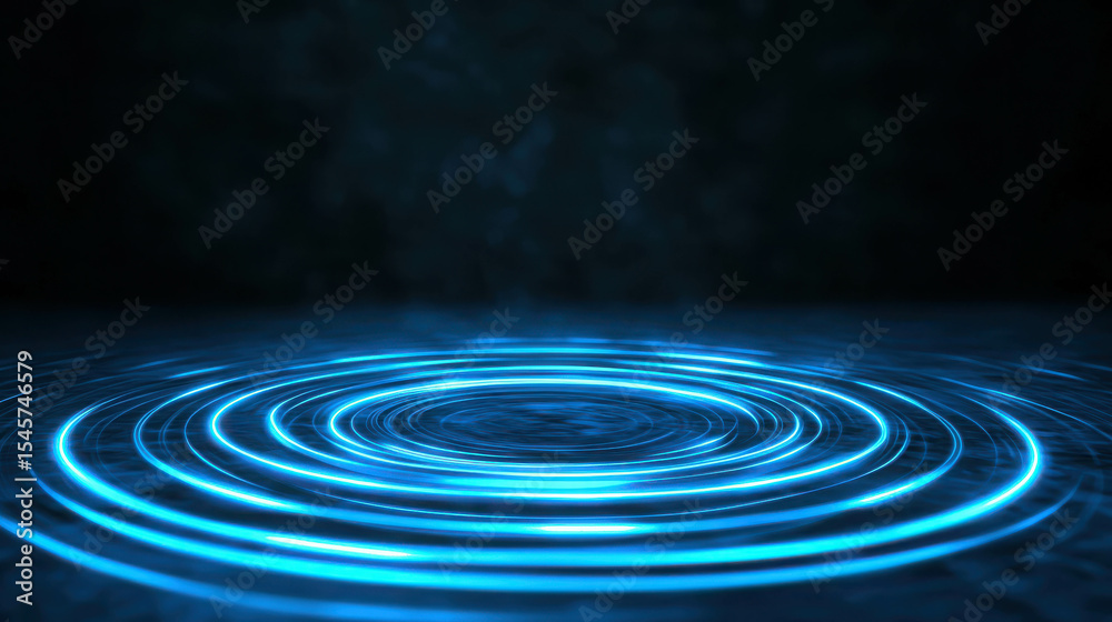 Poster blue light ripple effect in dark background, abstract design with circular waves, glowing rings crea