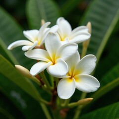 Fototapeta premium Close-up of white plumeria blossoms.