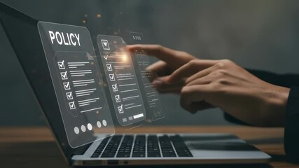 Digital Policy Review: Hand Interacting with Virtual Interface on Laptop Screen