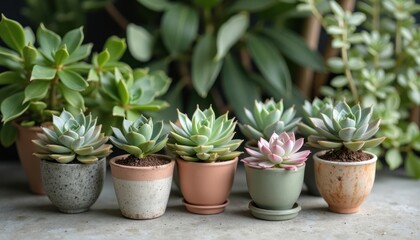Obraz premium Small succulent plants in various pots on a surface.