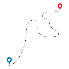 Route icon - two points with dotted path and location pin. Route location icon two pin sign and dotted line. Distance icons set in black filled and stroke line style in eps 10.