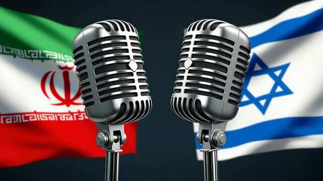  Conceptual illustration showing two microphones positioned for a political debate, with Iran and Israel flags in the background. The scene symbolizes political confrontation, ideological clash