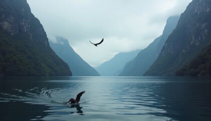 Obraz premium Tranquil lake scene with birds amidst misty mountains.