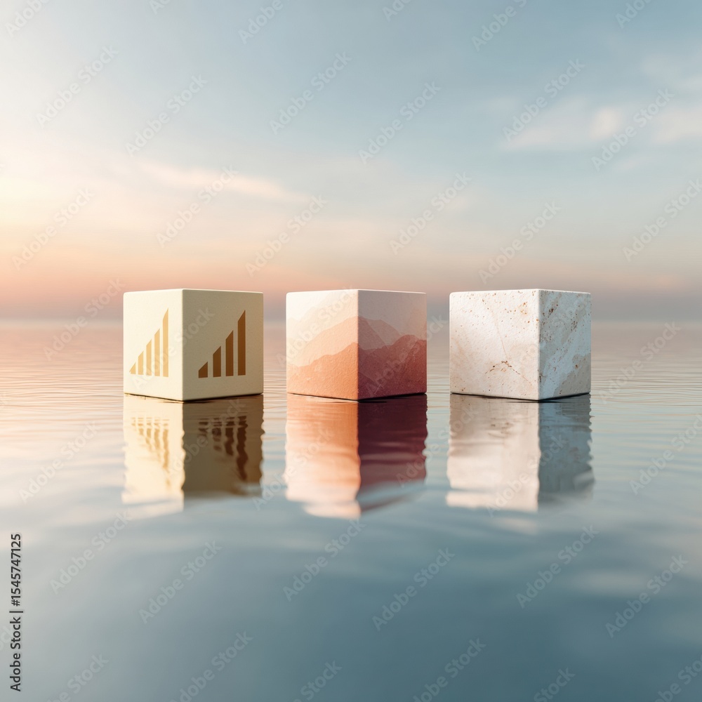 Poster minimalist market capitalization cubes on reflective surface with growth chart icon symbolizing busi