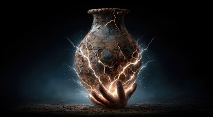 Ancient, cracked clay vessel, imbued with ethereal blue lightning, cradled by hands emerging from darkness