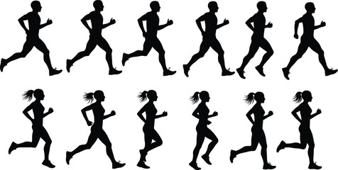  Dynamic Male and Female Runners Silhouettes: Diverse Athletic Figures in Motion for Health, Fitness, and Active Lifestyle Promotion, Isolated on White Background for Sports Design.