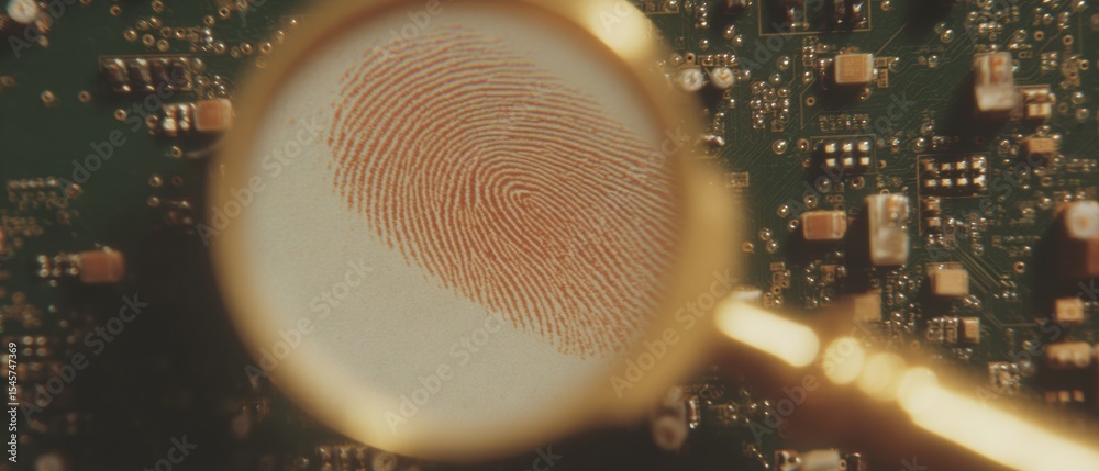 Poster Warm Cybersecurity Concept with Digital Fingerprint and Circuit Board Under Golden Lamplight for Modern Forensic Analysis and Threat Detection