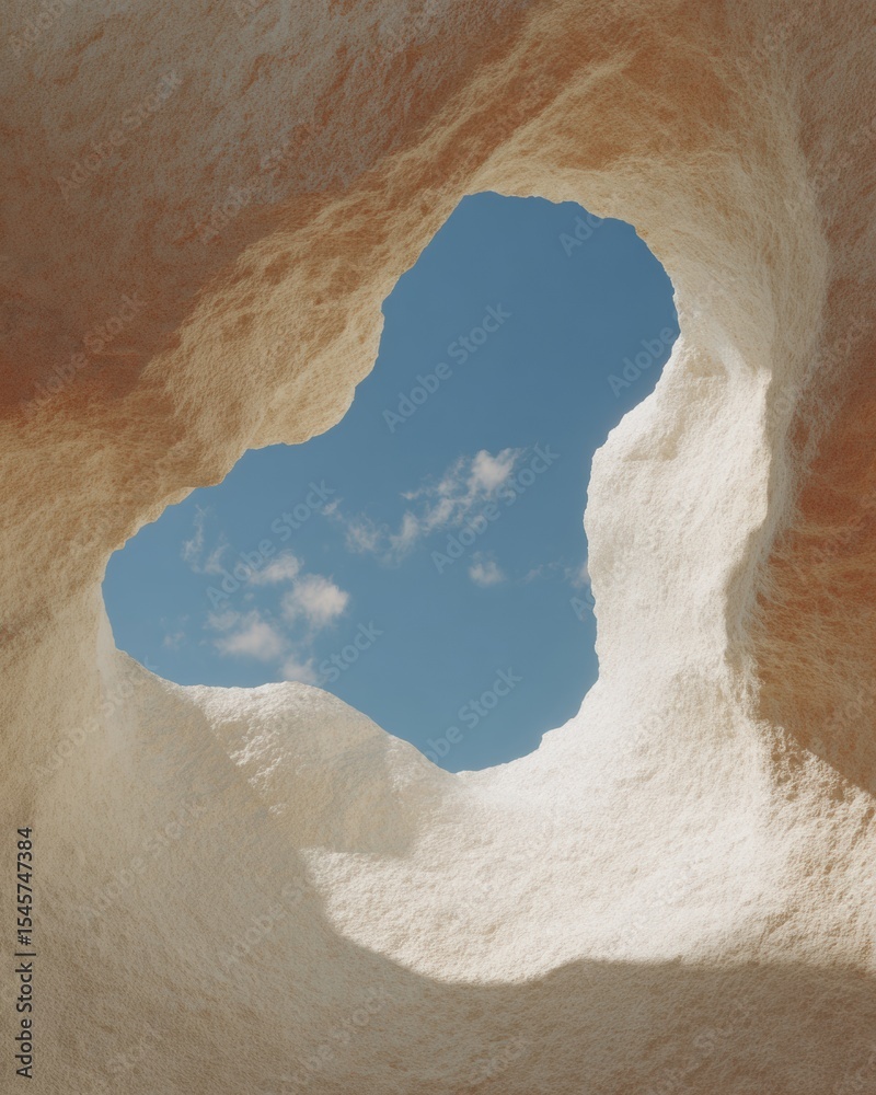 Poster imaginative cloud-inspired interior with round window opening to blue sky featuring sculpted forms f