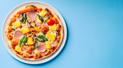 Hawaiian pizza plate blue background food photography