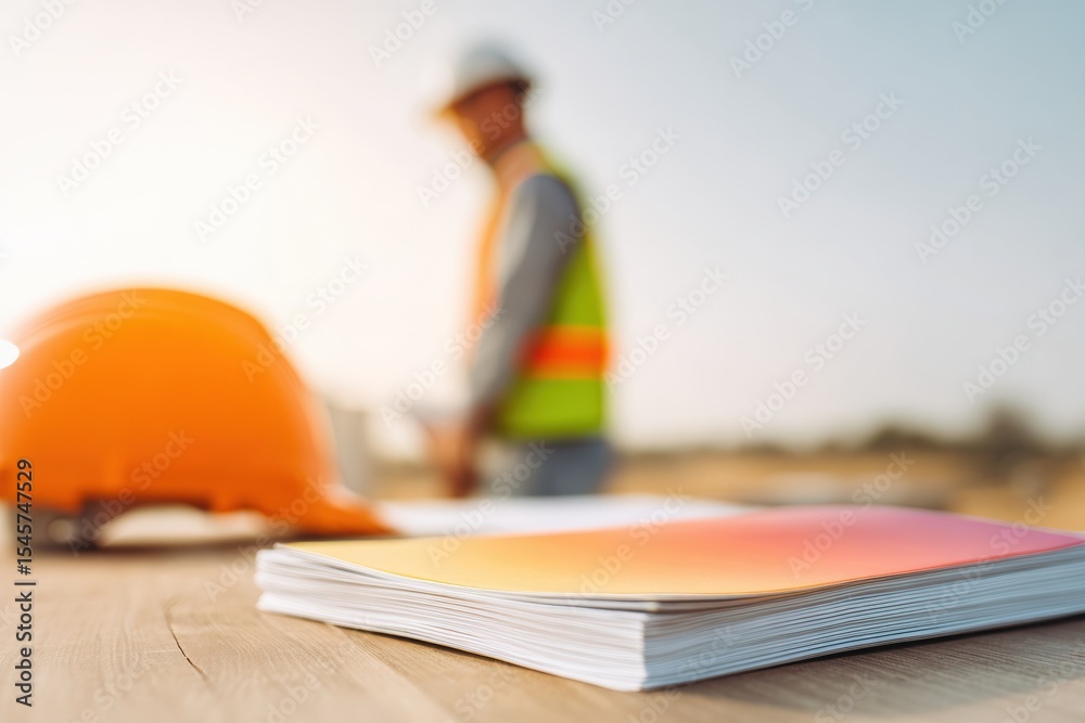 Poster safety compliance documentation with construction supervisor in background at outdoor job site - ris
