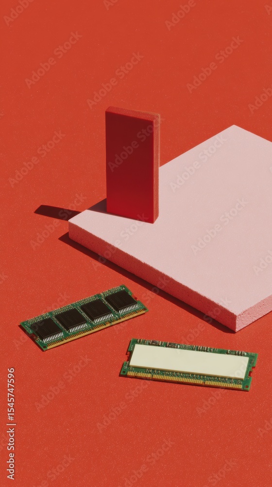 Aufkleber Modern High Bandwidth Memory Modules Displayed with Minimalist Red and Pink Surfaces Highlighting Advanced Semiconductor Technology for Next-Gen Computing