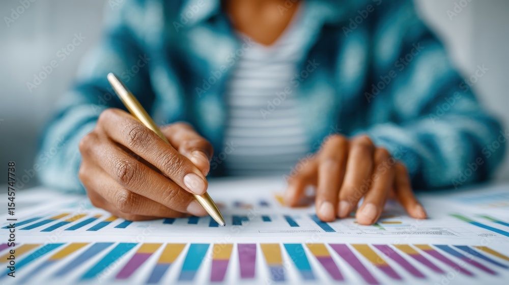 Poster moody business analyst examining printed bar graphs and statistical charts with dim ambient lighting