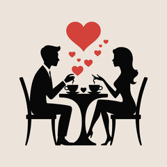 Silhouette Couple Romantic Cafe Date Red Hearts coffee