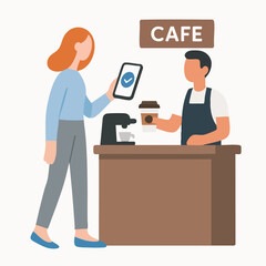 Flat Illustration Contactless Payment via Smartphone at Cafe Counter Scene