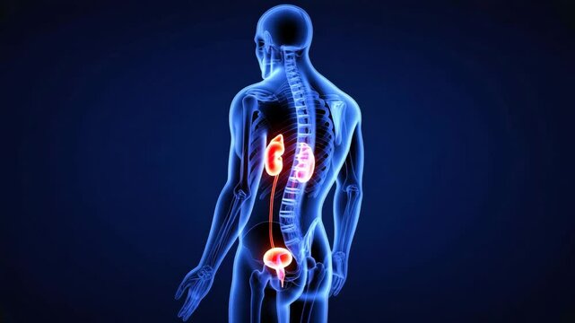 3D medical visualization highlighting human urinary system with glowing kidneys, bladder, and ureters in blue body.