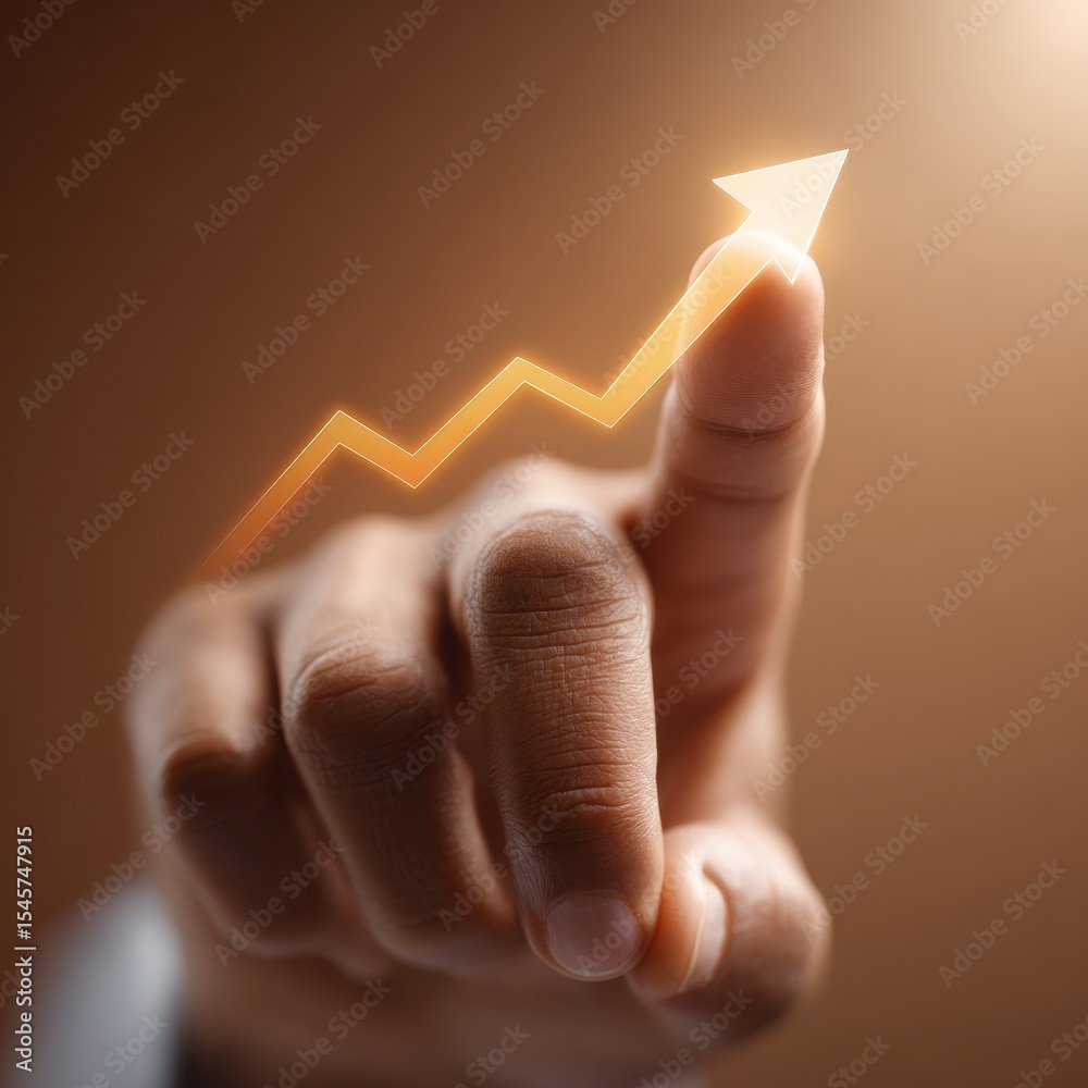 Poster warm rustic business concept with hand pointing at ascending digital graph, golden hour lighting hig