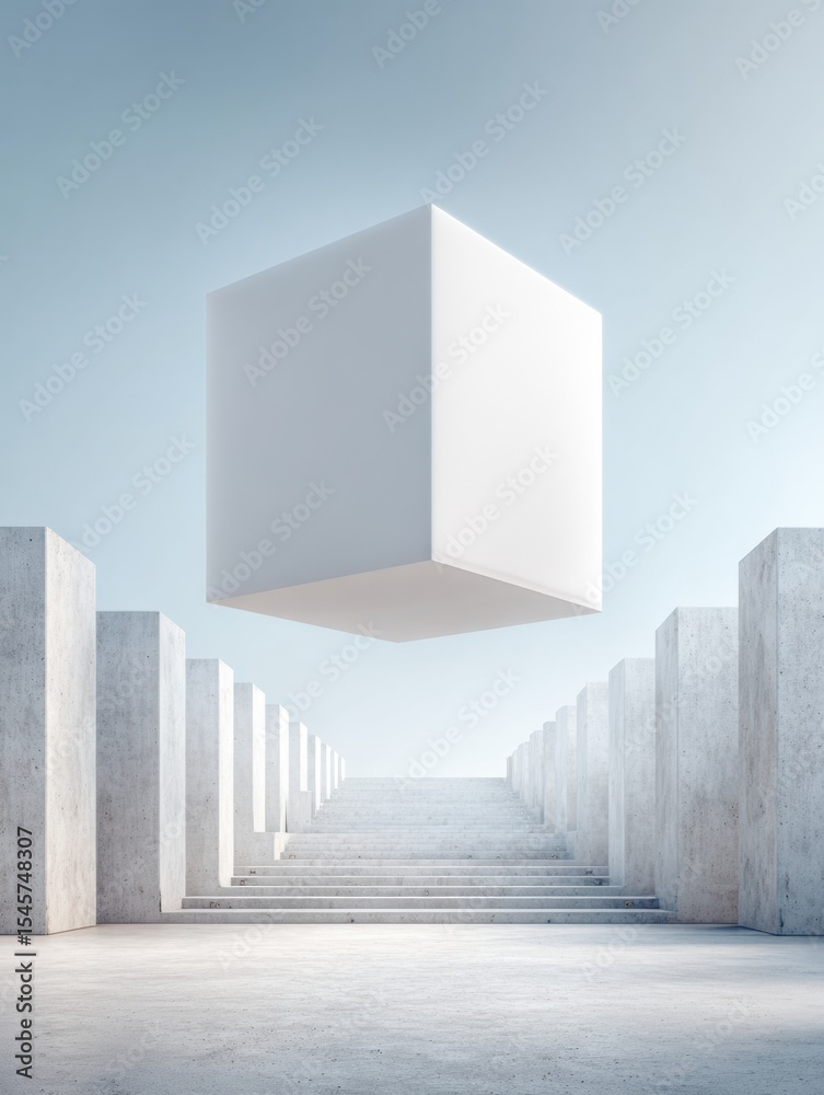 Poster minimalist concrete architecture with floating white cube above staircase in soft light - modern des