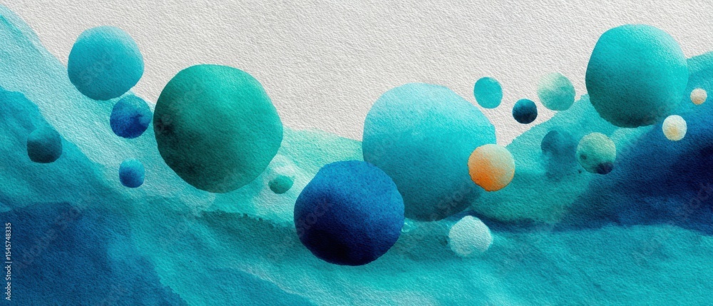 Aufkleber cyan hue watercolor paint splatters and drips on white paper with organic shapes and dynamic movemen