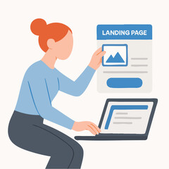 Flat Illustration Woman Arranging Landing Page Design on a Laptop Screen