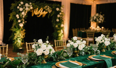 A luxurious wedding setup with an emerald green and gold theme