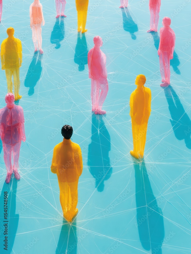 Poster Transparent Human Figures Connected by Digital Network Grid Representing Collective Bargaining and Structured Teamwork in Modern Business Collaboration