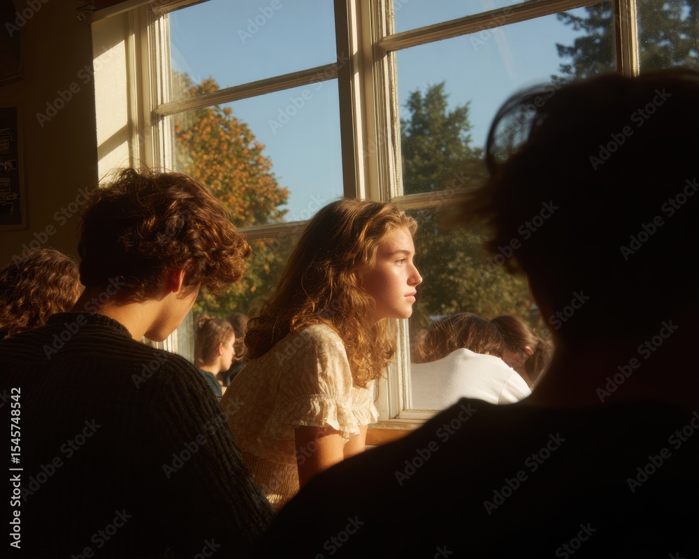 Poster warm natural light illuminates collaborative classroom with youth students in window seats creating 