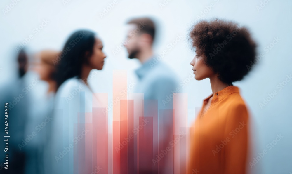 Poster modern business meeting with transparent overlapping charts and diverse professionals focused in dis