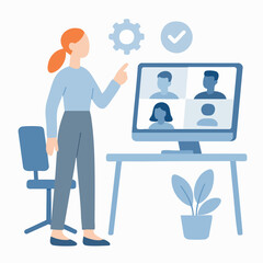 Flat Illustration of a Woman Presenting to a Team via Online Meeting