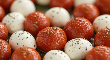 Close Up Of Baked Mozzarella Balls And Cherry Tomatoes