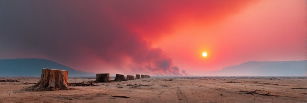 Dramatic burning woodland aerial view with dense smoke and tree stumps at sunset highlighting deforestation impact and urgent forest conservation awareness - Powered by Adobe