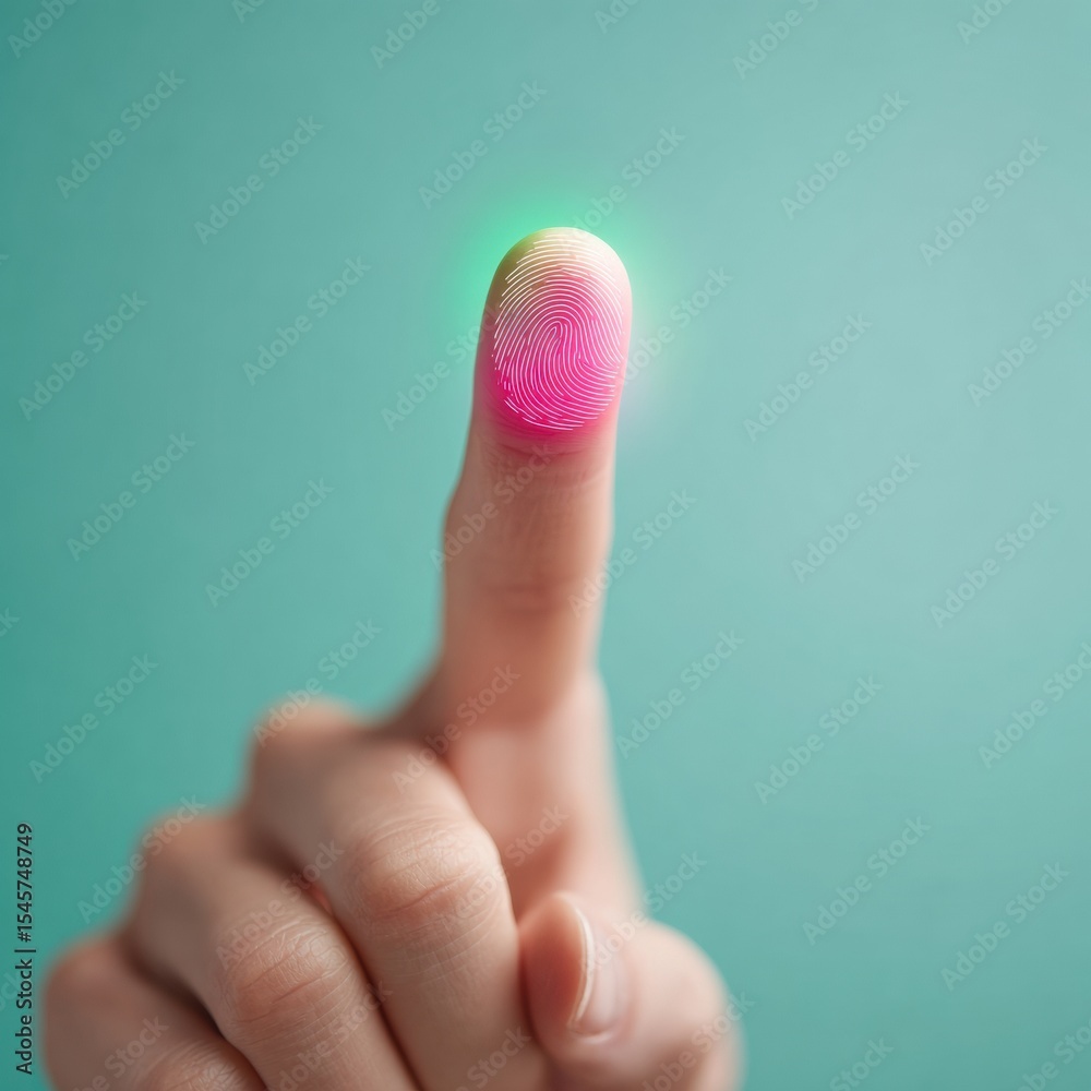 Poster biometric fingerprint authentication close-up with neon pink and green light, modern digital securit