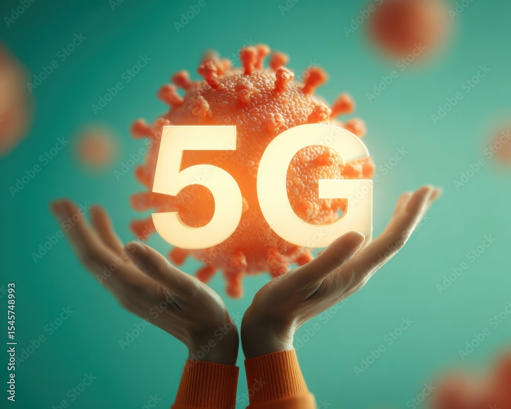 Poster digital concept of 5g and covid-19 virus model in hands symbolizing misinformation and conspiracy th