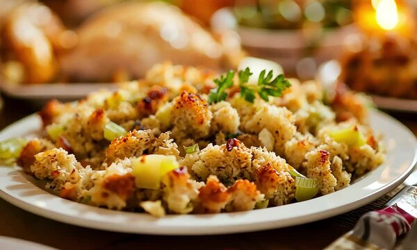 Delicious Thanksgiving Stuffing on a Beautifully Set Holiday Dinner Table