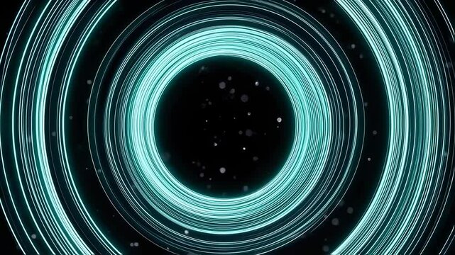 Circular cyan glowing lines rotating with a black background and tiny white particles