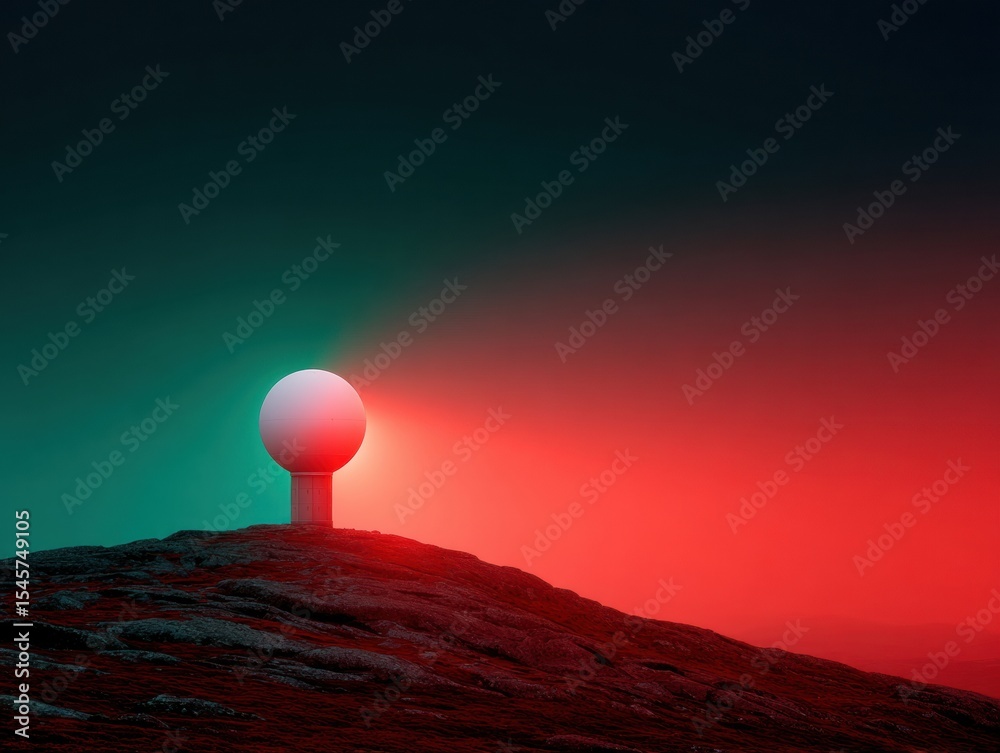 Poster remote weather radar station on mountain peak with futuristic dome and communication towers for adva
