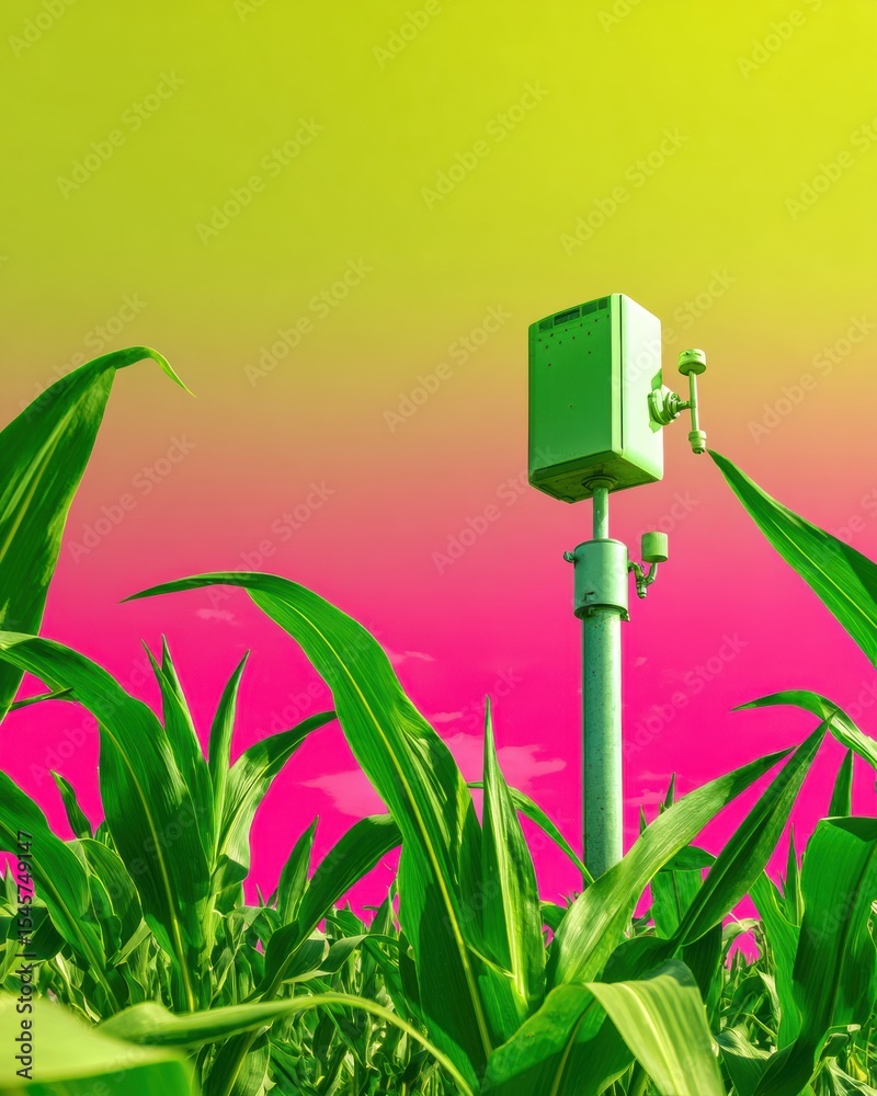 Poster smart farming weather station in cornfield with solar panels and wireless sensors for sustainable pr