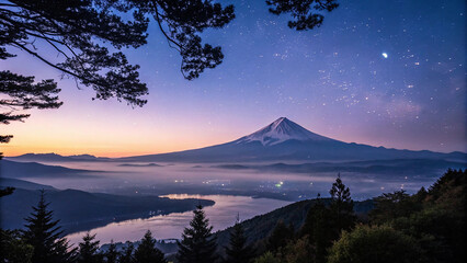 Majestic Mount Fuji at Sunrise with Starry Sky a breathtaking Japanese landscape vista showcasing serene nature and stunning scenery.