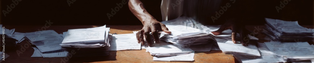 Poster dramatic monochrome image of hands sorting paper ballots on wooden table with intense chiaroscuro li