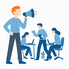 Fototapeta premium Flat Style Man Speaking Through Megaphone with Colleagues Illustration