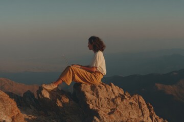 Remote Digital Voter Registration on Mountain Peak Young Woman Using Laptop to Complete Online Form Embracing Freedom and Modern Civic Engagement