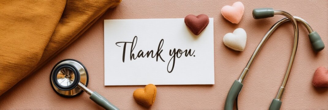 Thank You Nurses Banner with Stethoscope and Heart Shapes on Soft Surface Highlighting Medical Appreciation and Lifesaving Healthcare Dedication - Powered by Adobe