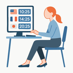 Flat Illustration Woman Working at Desk with Multiple Time Zones