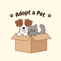 vector illustration of dog and cat in the box. adopt a pet concept