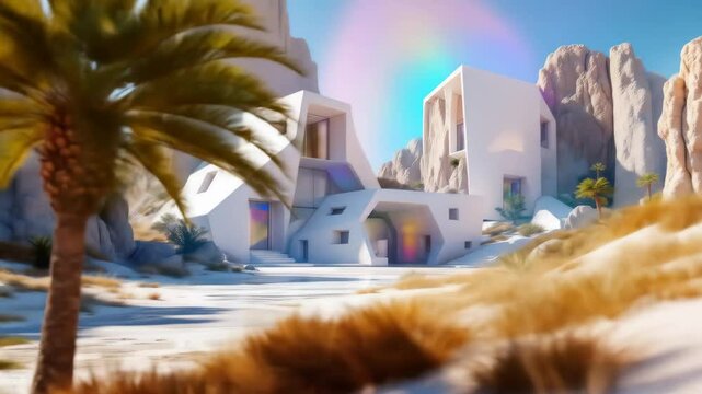 Modern Architectural House nestled among rocky outcrops with a shimmering desert mirage